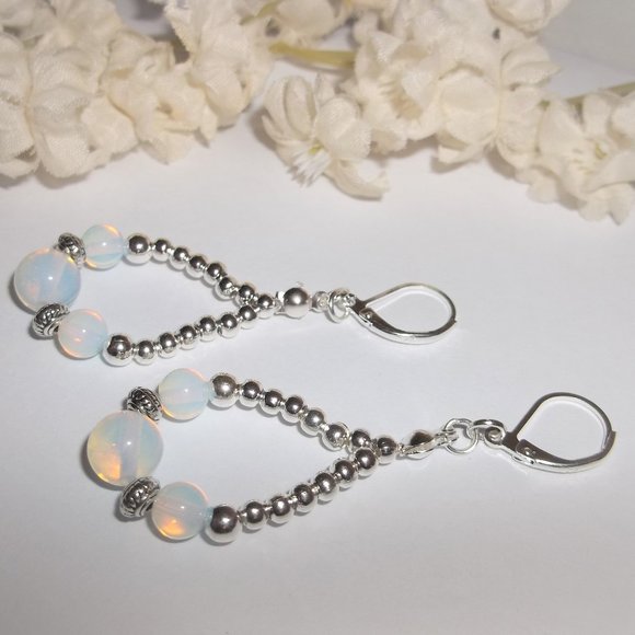 Beaded Hoop Earrings Set Faux Opal Rainbow Moonstone and Silver Teardrop 7021 - Picture 5 of 9
